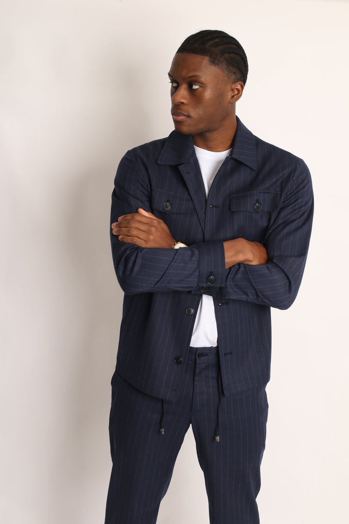 2PC NAVY PIN-STRIP SAFARI SUIT