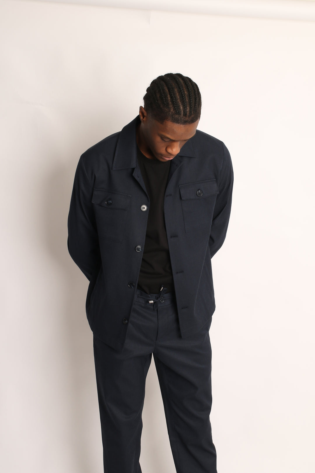 2PC NAVY PIN-STRIP SAFARI SUIT