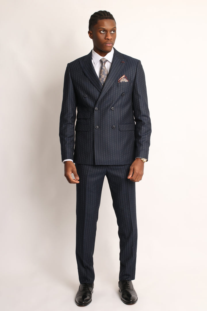 2PC NAVY DOUBLE BREAST PIN-STRIP SUIT