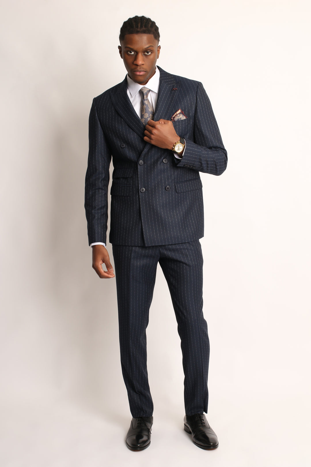 2PC NAVY DOUBLE BREAST PIN-STRIP SUIT