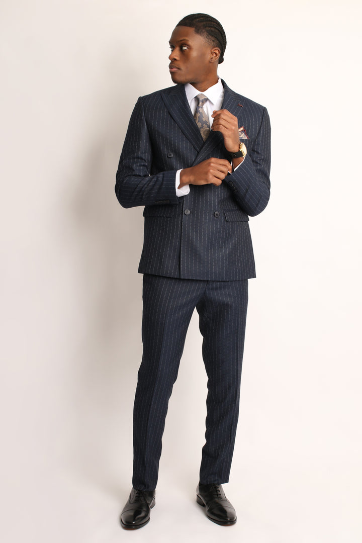 2PC NAVY DOUBLE BREAST PIN-STRIP SUIT