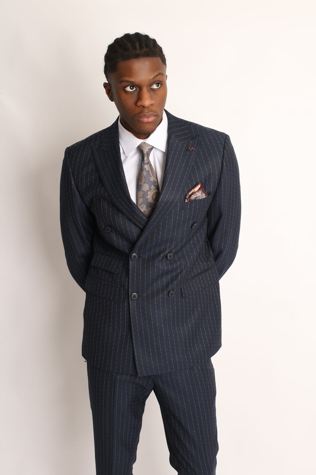 2PC NAVY DOUBLE BREAST PIN-STRIP SUIT