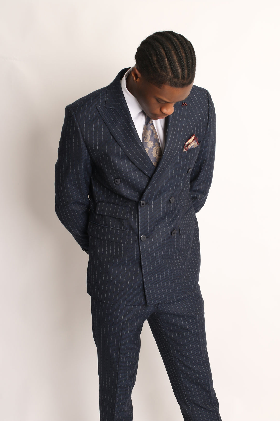 2PC NAVY DOUBLE BREAST PIN-STRIP SUIT