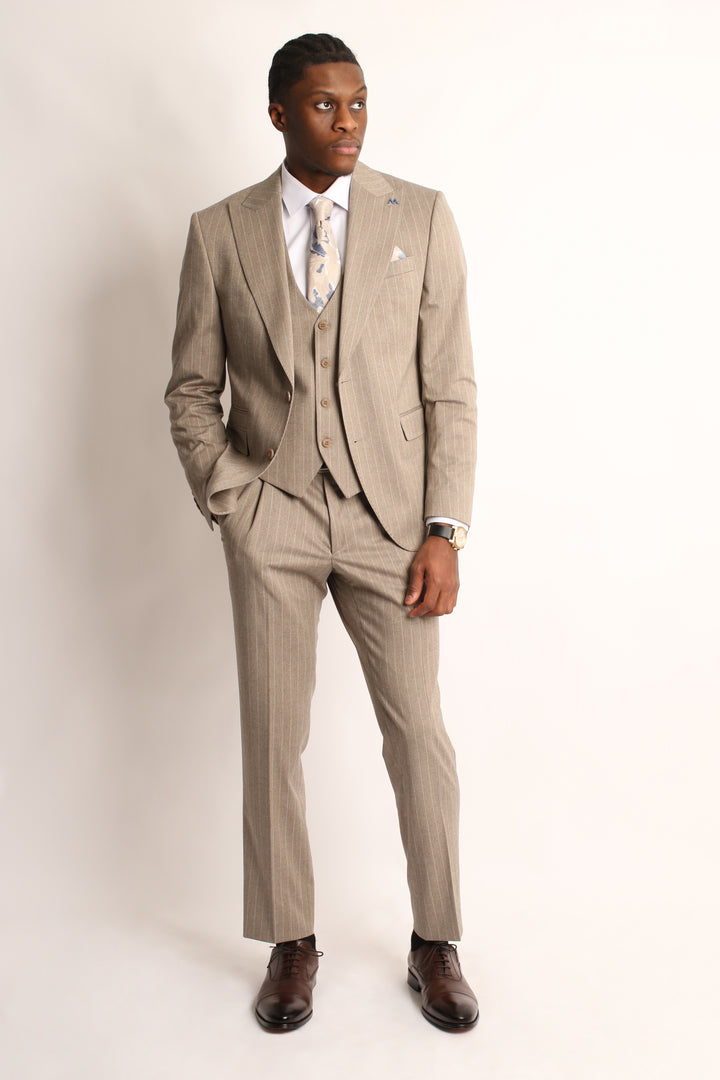 3PC SAND PIN-STRIP SUIT