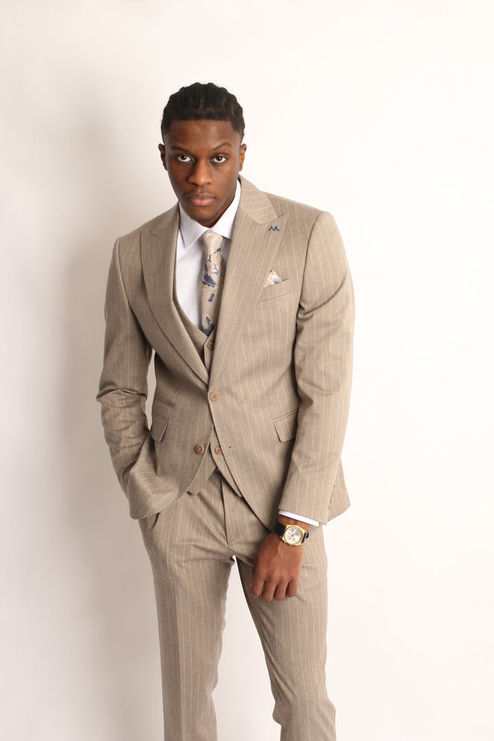 3PC SAND PIN-STRIP SUIT