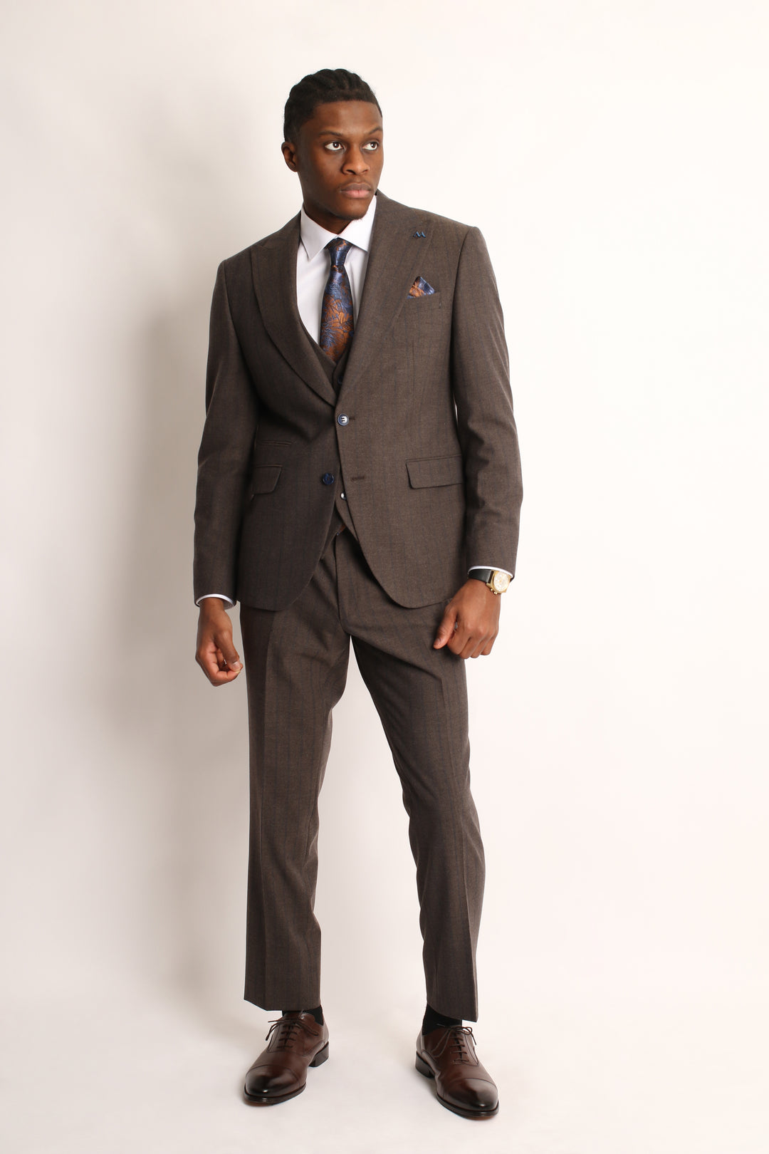 3PC BROWN FANNEL PIN-STRIP SUIT