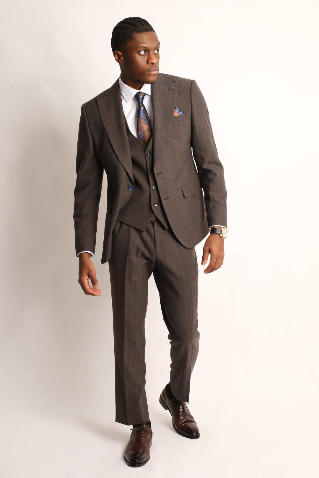 3PC BROWN FANNEL PIN-STRIP SUIT