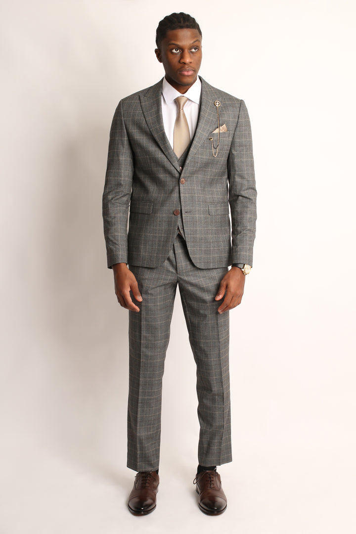 3PC PRINCE OF WALES GREY/BEIGE SUIT