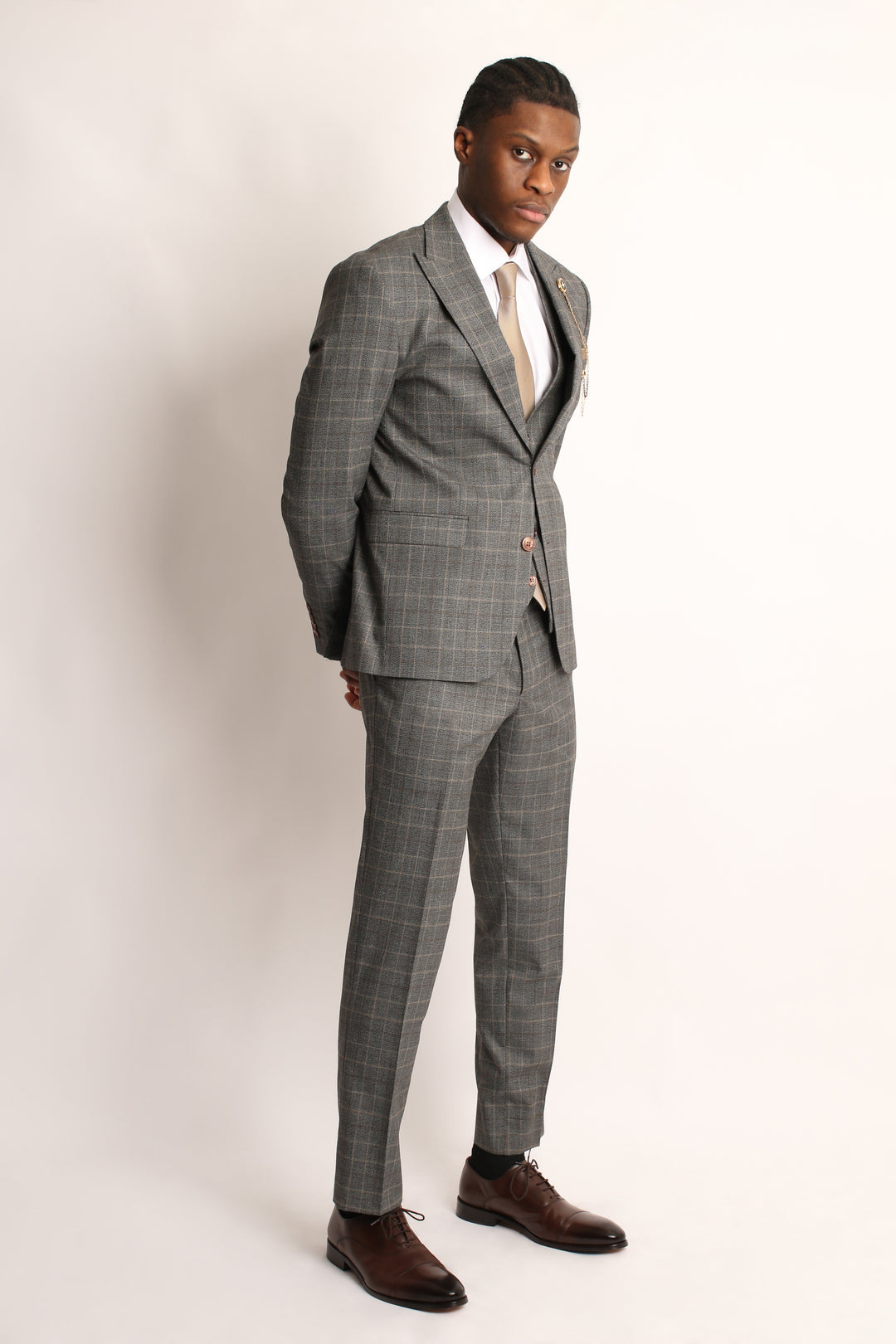 3PC PRINCE OF WALES GREY/BEIGE SUIT