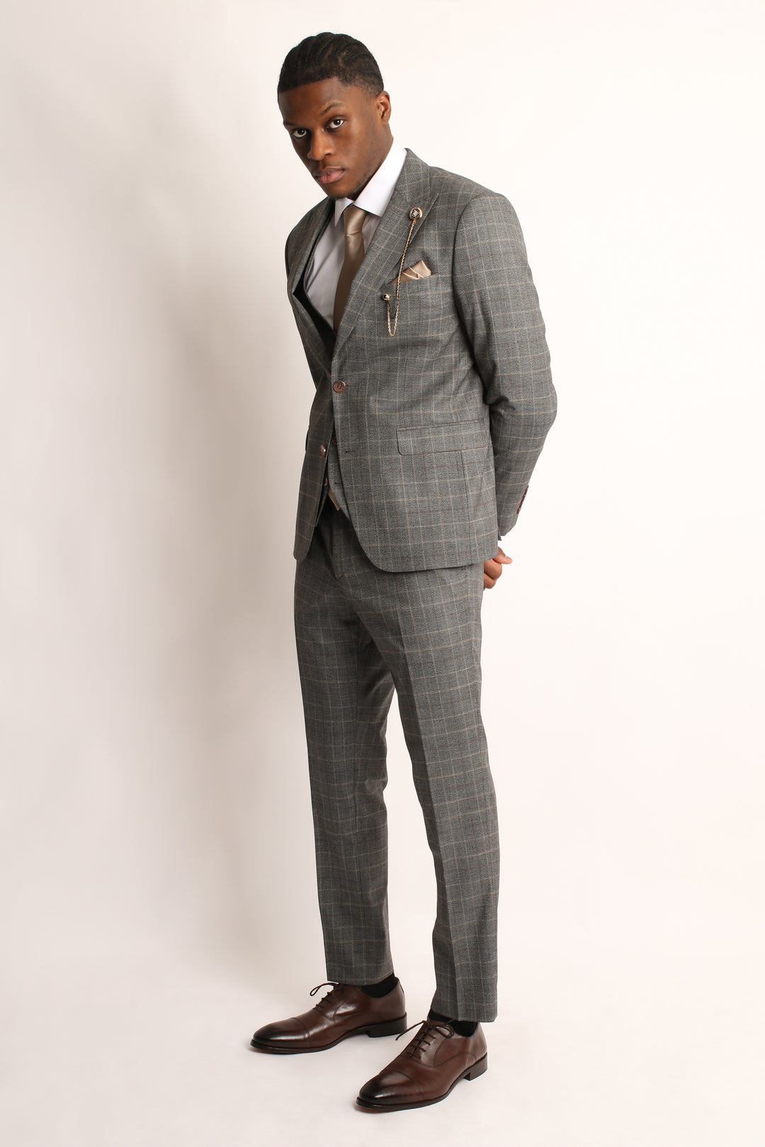 3PC PRINCE OF WALES GREY/BEIGE SUIT