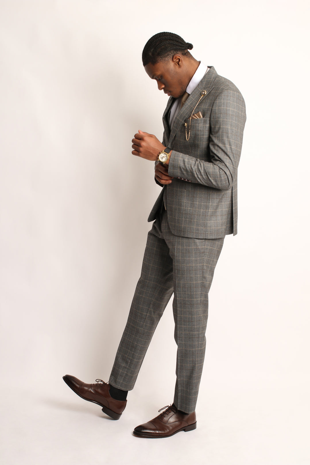 3PC PRINCE OF WALES GREY/BEIGE SUIT