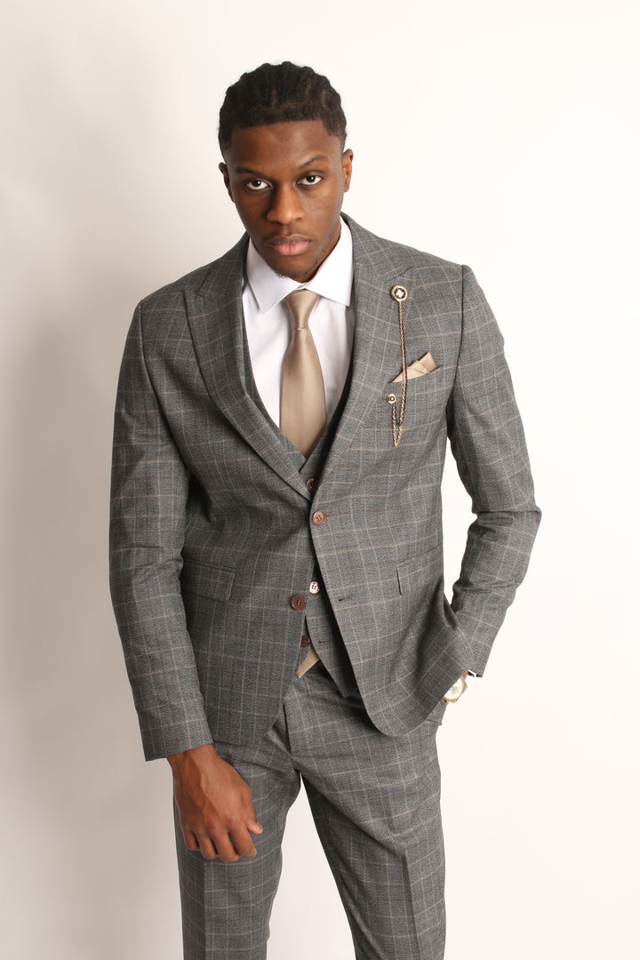 3PC PRINCE OF WALES GREY/BEIGE SUIT