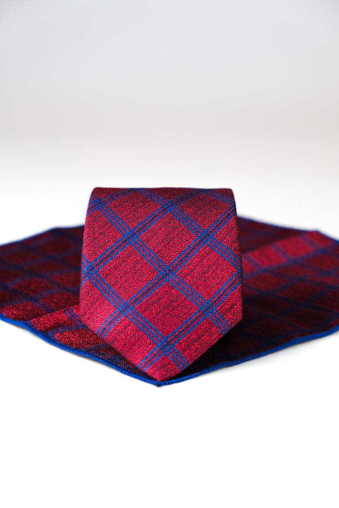 RED WINE DIAGONAL CHECK TIE & HANKIE SET