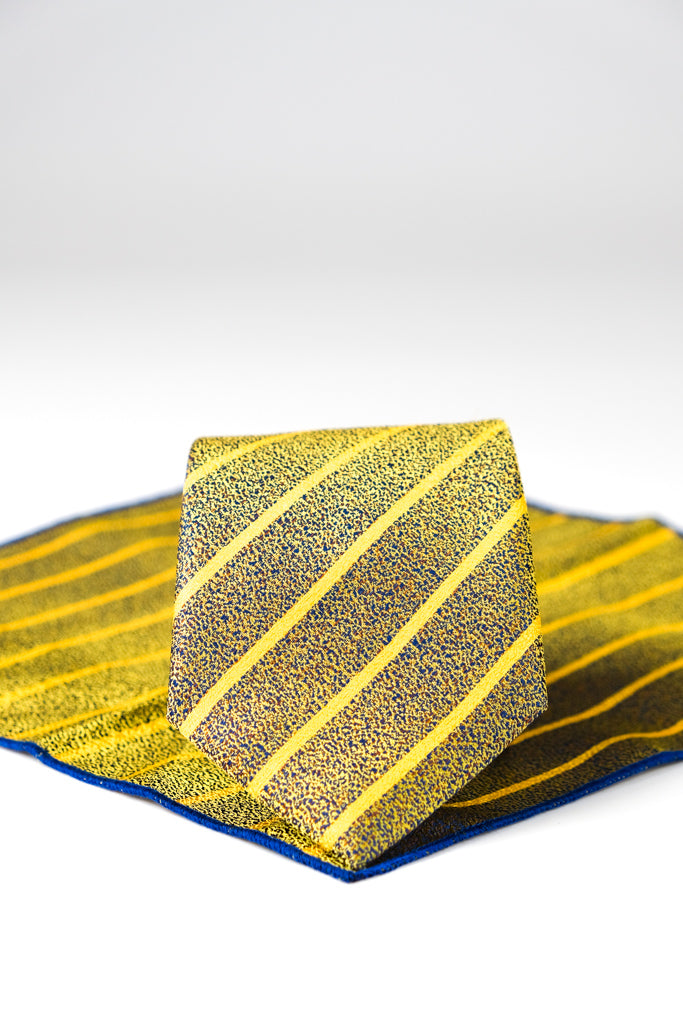 YELLOW & GOLD DIAGONAL STRIPE TIE & HANKIE SET